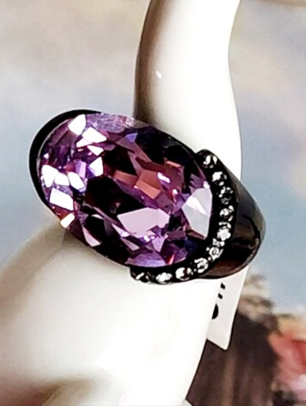 Gothic Black Stainless Steel Purple Crystal Cocktail Ring Size 6